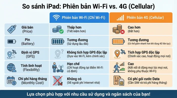Bảng tổng hợp so sánh ưu nhược điểm giữa iPad Wifi và iPad 4G Cellular về giá thành và tính năng.