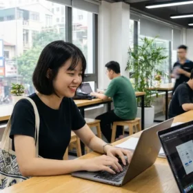 Người dùng làm việc trên MacBook Air M-series tại quán cà phê mà không cần mang theo bộ sạc nhờ pin trâu