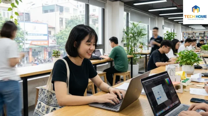 Người dùng làm việc trên MacBook Air M-series tại quán cà phê mà không cần mang theo bộ sạc nhờ pin trâu