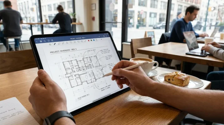 Người dùng sử dụng Apple Pencil vẽ phác thảo và ghi chú trên màn hình iPad tại quán cà phê