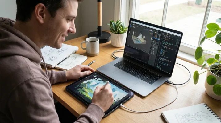 Người dùng thiết kế đang kết hợp vẽ sáng tạo trên iPad bằng Apple Pencil và làm việc kỹ thuật trên laptop MacBook