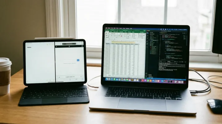 Cận cảnh iPad gắn Magic Keyboard đặt cạnh laptop đang mở nhiều cửa sổ ứng dụng phức tạp